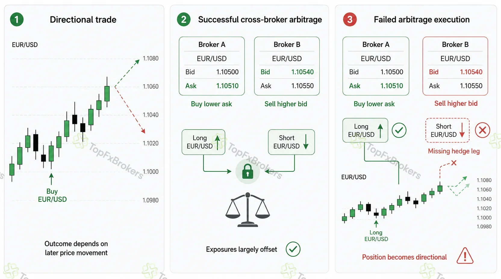 Three-panel forex infographic comparing a directional EUR/USD trade, a successful cross-broker arbitrage with offsetting long and short positions, and a failed hedge that leaves directional exposure.