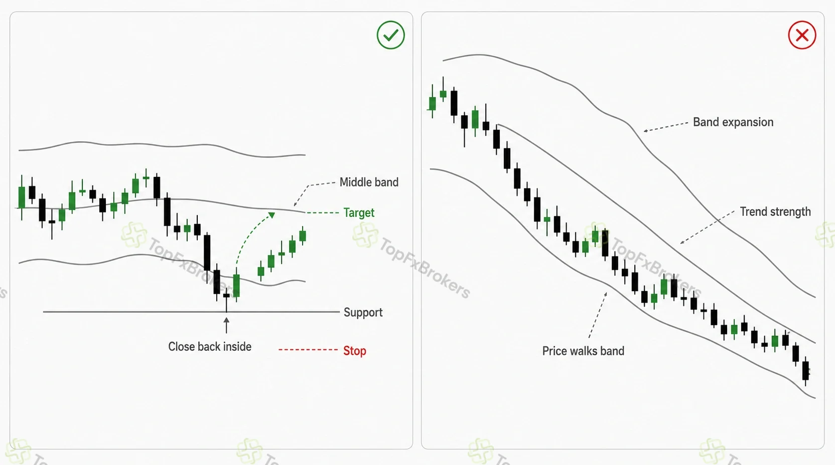 Two Bollinger Band charts comparing rejection and a close back inside the lower band with price walking an expanding band during a strong downtrend.