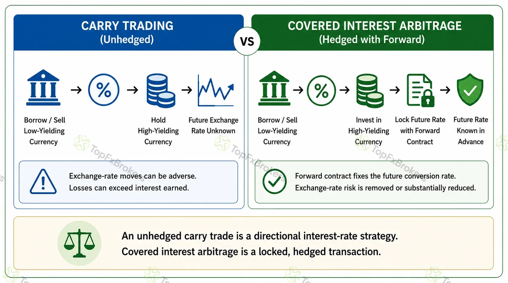 Side-by-side comparison of an unhedged carry trade with an unknown future exchange rate and covered interest arbitrage using a forward contract to lock the future conversion rate.