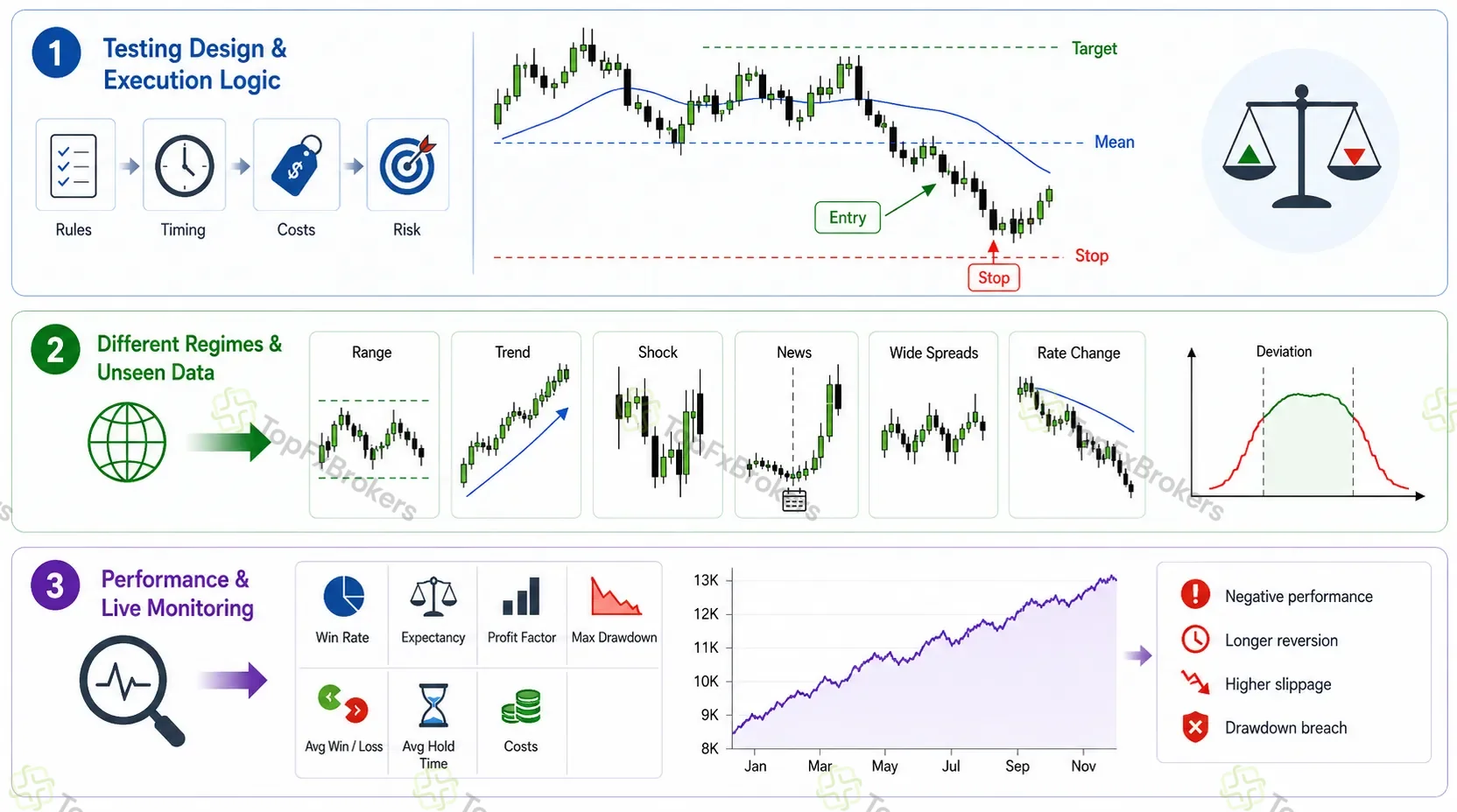 Three-stage forex backtesting infographic covering rule and execution design, testing across market regimes and unseen data, and performance monitoring with risk metrics and warning signs.