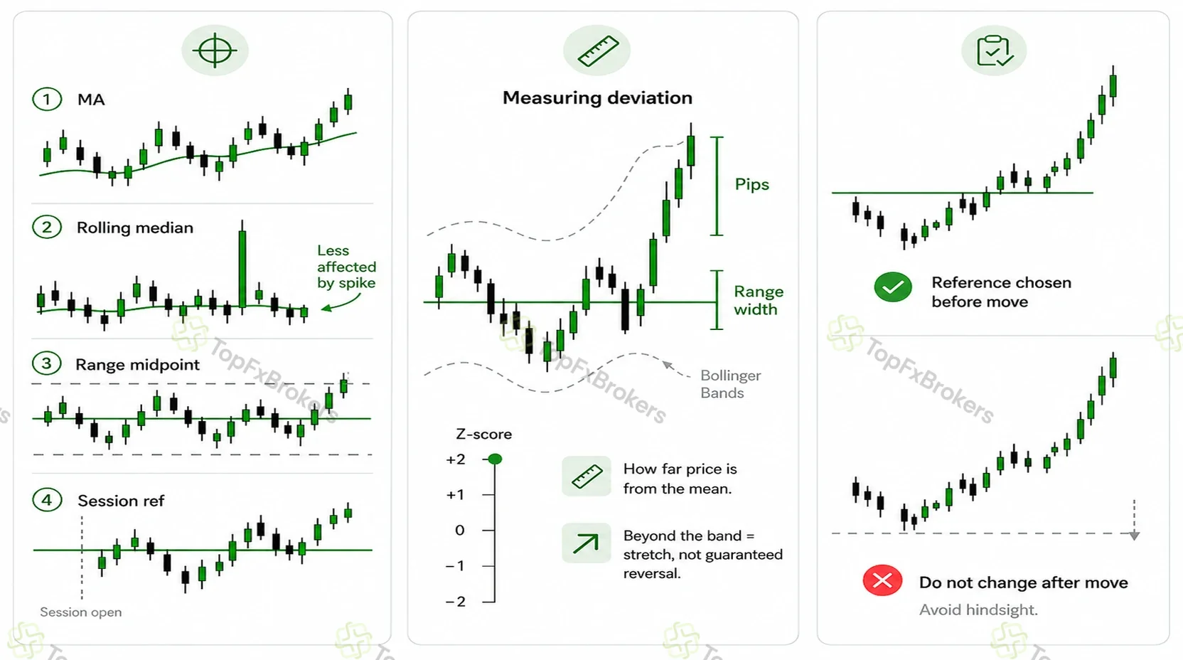 Forex infographic comparing a moving average, rolling median, range midpoint, and session reference, with pips, Bollinger Bands, range width, and a Z-score used to measure deviation.
