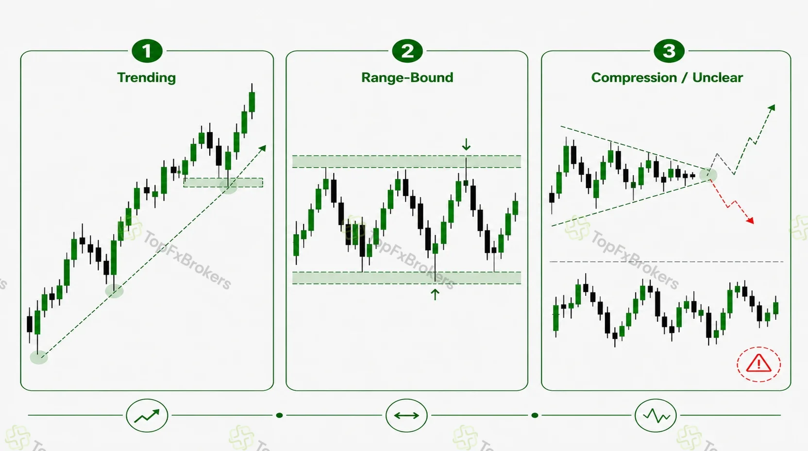 Three market conditions showing trending, range-bound and compression price action