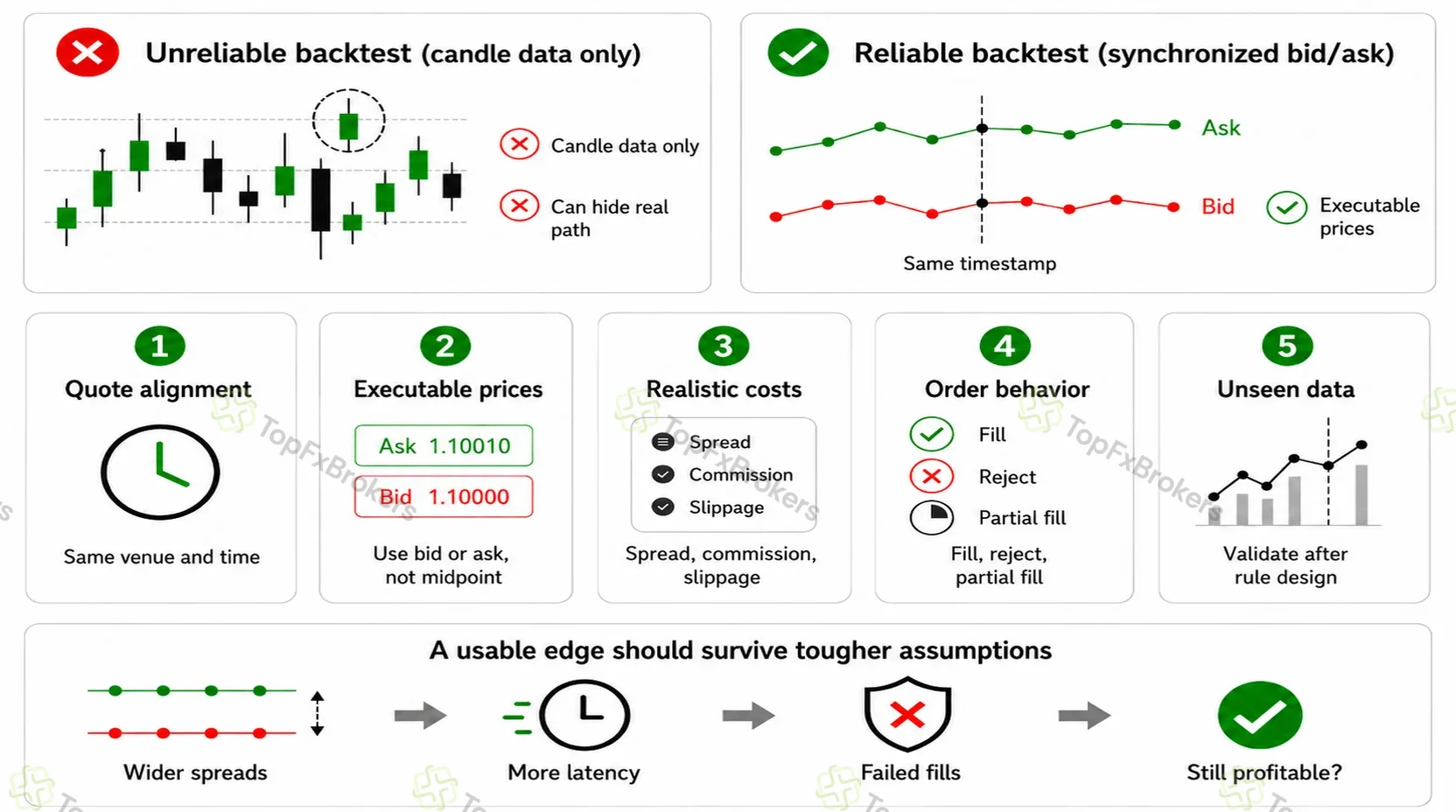 Forex backtesting infographic contrasting unreliable candle-only testing with synchronized bid and ask testing, followed by quote alignment, executable pricing, realistic costs, order behavior, unseen-data validation, and tougher stress assumptions.