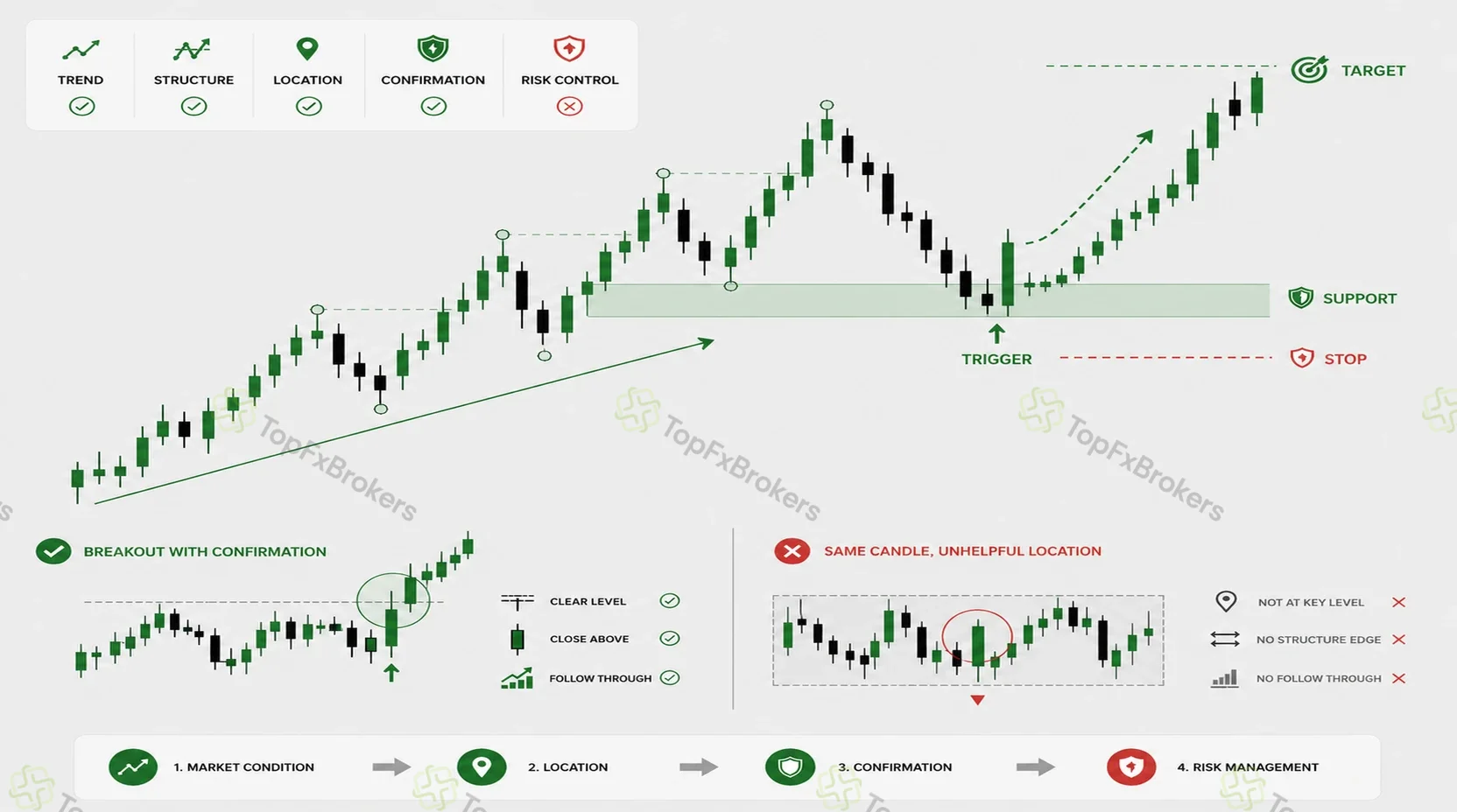 Price action trading framework showing market structure, support, confirmation and risk management