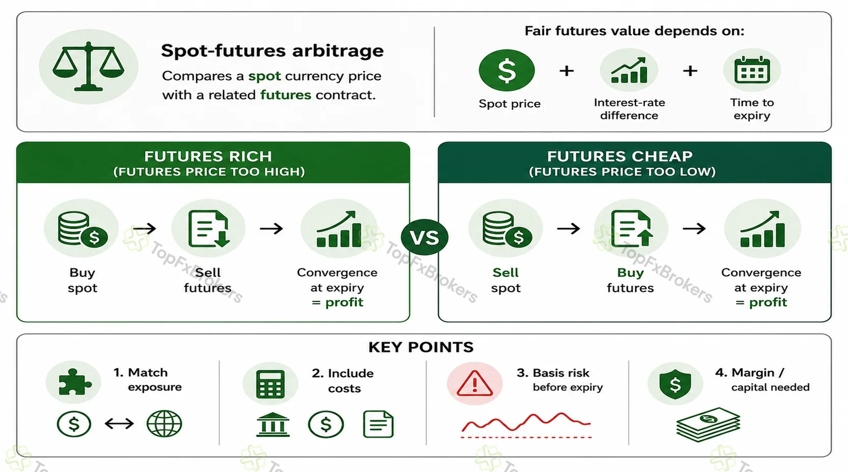 Spot-futures arbitrage infographic showing fair futures value based on spot price, interest-rate difference, and time to expiry, with opposite trade directions for rich and cheap futures and key risks below.