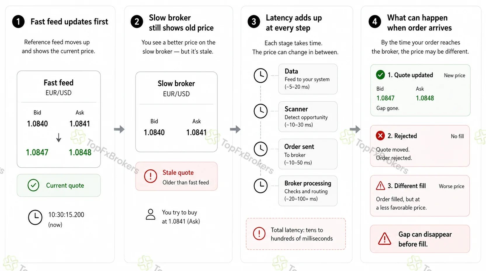 Forex execution timeline showing a fast feed updating before a slow broker quote, latency accumulating through data, scanning, order transmission, and broker processing, followed by an updated, rejected, or worse fill.