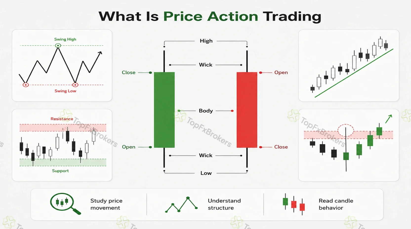 Candlestick anatomy diagram showing open, high, low, close, body and wick in price action trading