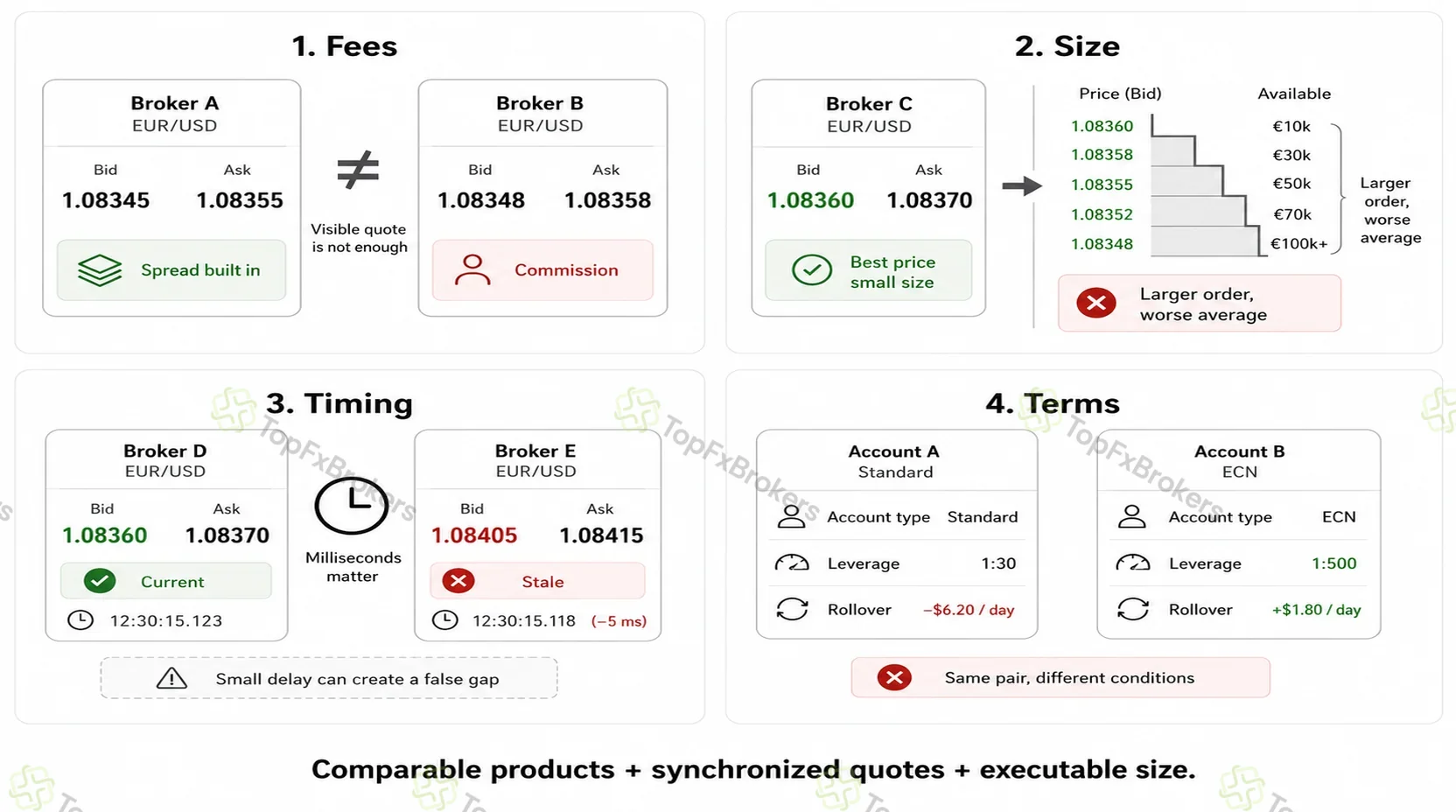 Four-panel comparison of EUR/USD broker quotes showing different fee structures, limited liquidity at the best price, millisecond timing differences, and unequal account conditions.