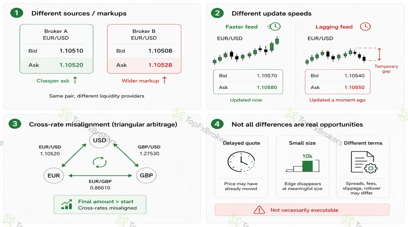 Four-part forex infographic showing different liquidity sources and markups, unequal quote-update speeds, triangular cross-rate misalignment, and visible price differences that may not be executable.
