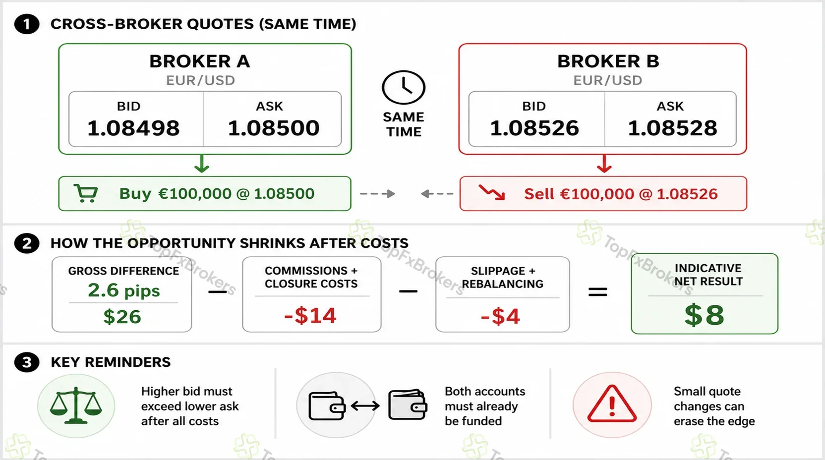 Cross-broker EUR/USD example showing a buy of €100,000 at Broker A's ask of 1.08500, a simultaneous sale at Broker B's bid of 1.08526, and the gross profit reduced from $26 to an estimated $8 after costs.
